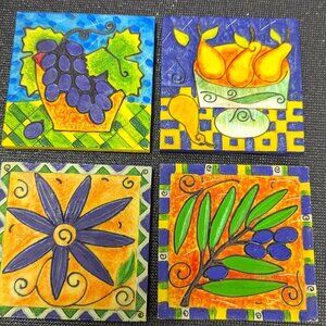Set Of 4 Lot Colorful Coasters Sommelier Fun Under Glass Grapes Pears Olives